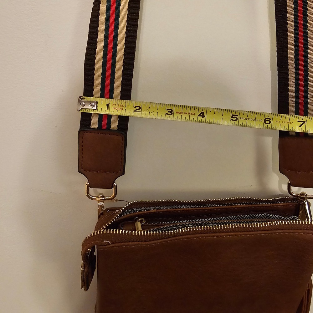 Brown Vegan Leather Triple Zip Crossbody Bag with Striped Guitar Strap Clutch - Picture 2 of 11